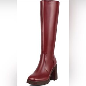 Red knee high platform heel boots